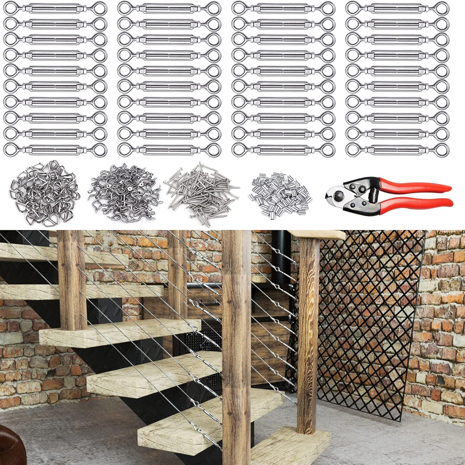 5Set 1/8 Cable Railing Kit Hardware Turnbuckle M5 Eye to Eye and 165' Wire Rope for Wood Post Stainless Steel Angle Adjustable 5 Cable Lines E234964