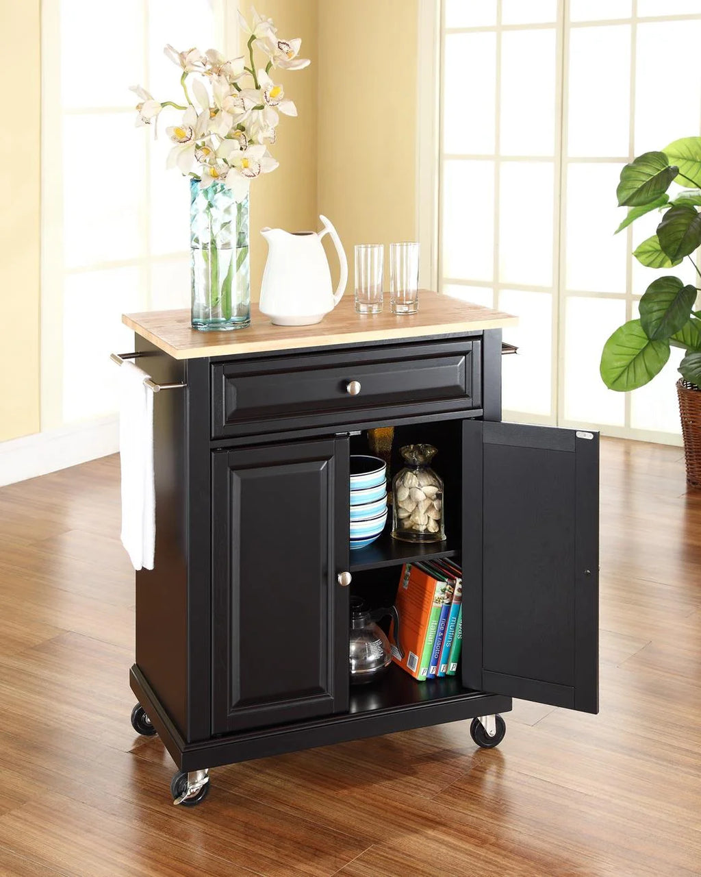 Black Portable Kitchen Cart with Natural Wood Top U78618