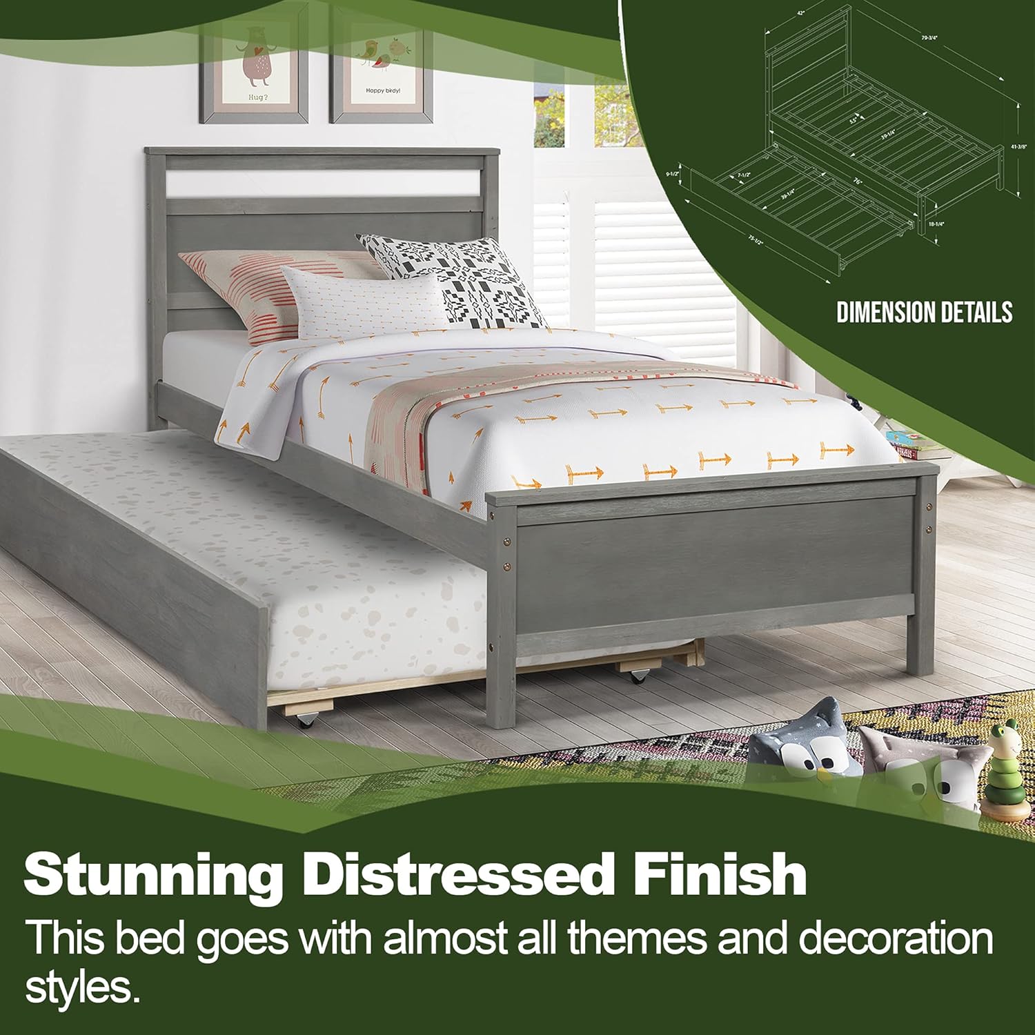 Trundle Bed Frame Twin Size Pine Wood B763