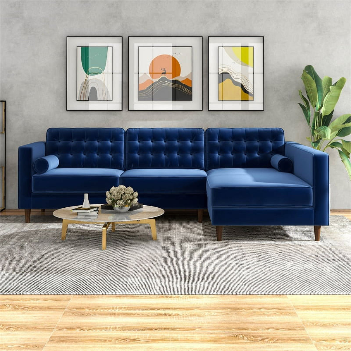 Navy Blue Velvet Corner Sectional Couch C5599