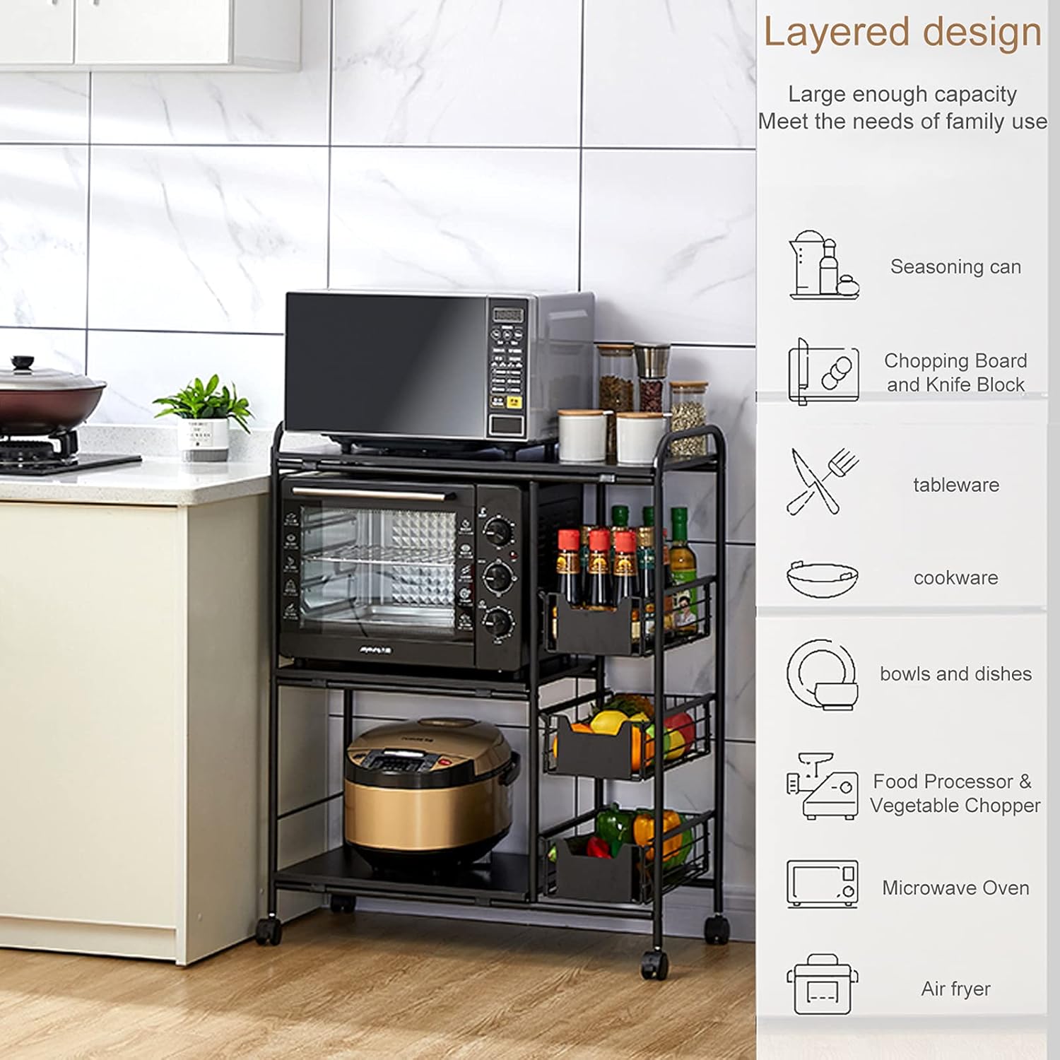 3-Tire Kitchen Standing Bakers Rack with Storage Basket C38412