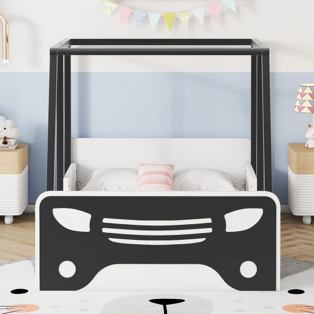 Twin Size Solid Wood Car Bed Frame with Wheels and Door B245469