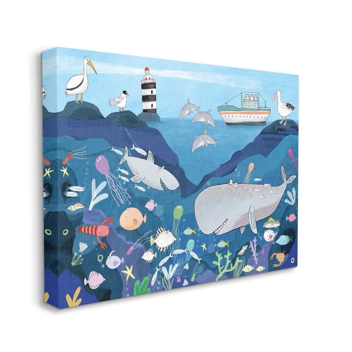 Underwater Wildlife Shark Whale Boat Illustration, 24 x 30 D999007