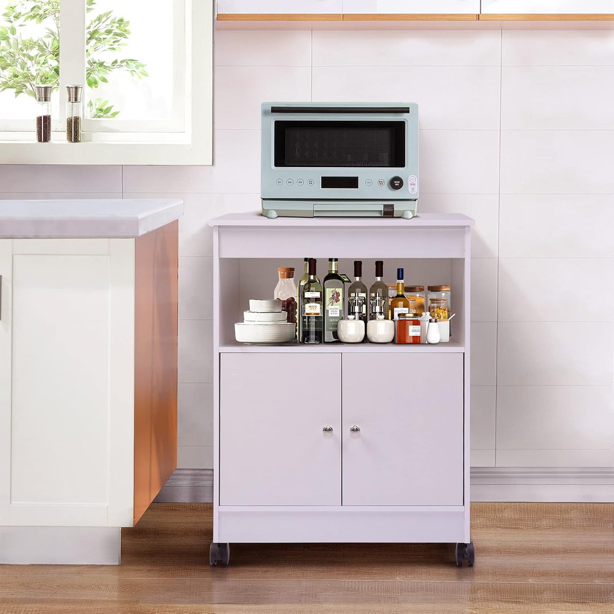 White Microwave Cabinet Cart with Storage R9753