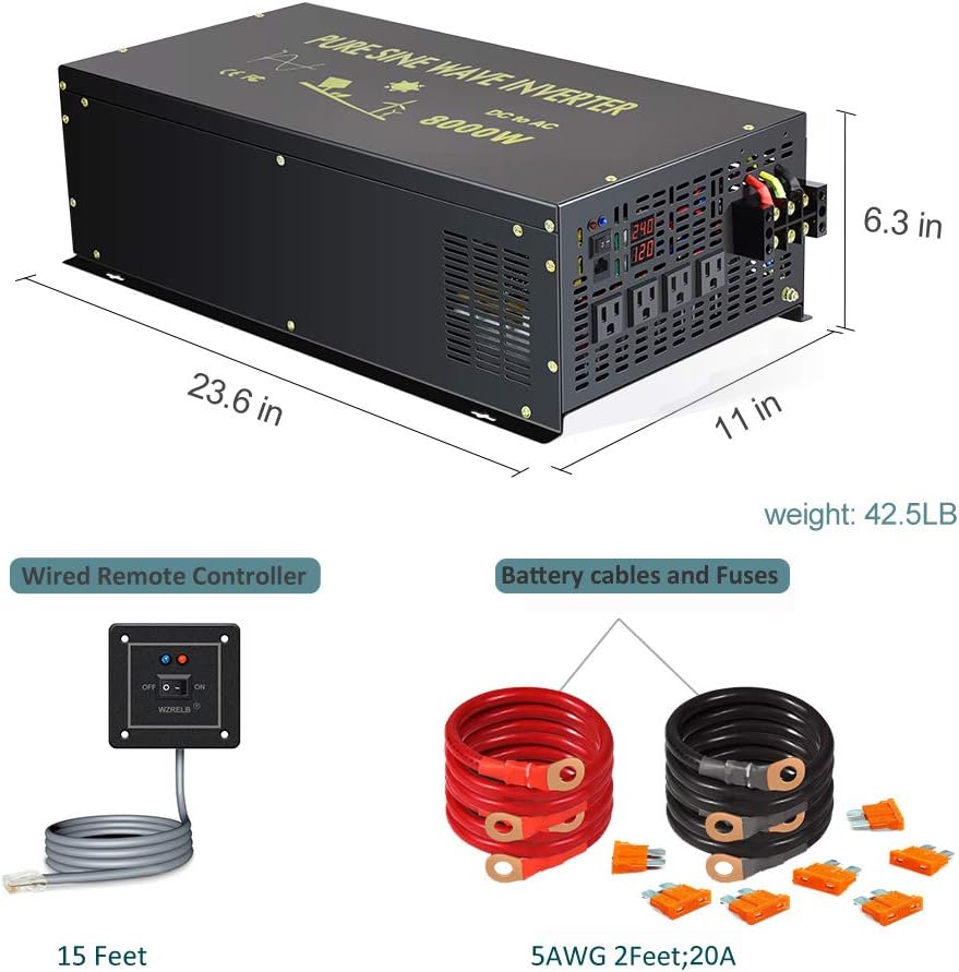 8000W Pure Sine Wave Power Inverter DC 24V to AC 120V with 4 AC Outlets Remote Control LED Display U6827
