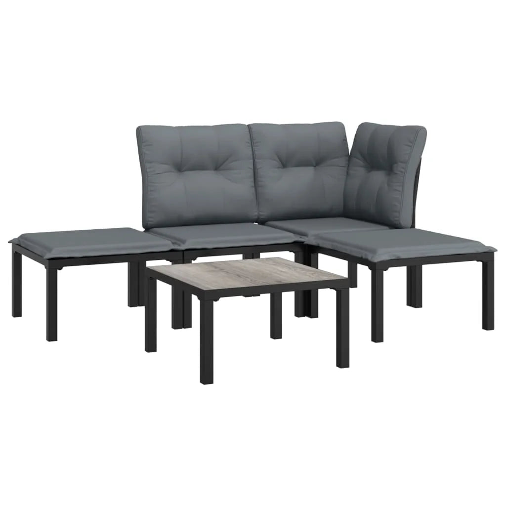 5 Piece Outdoor Patio Furniture Set, Black Poly Rattan Sectional Sofa with Dark Gray Cushions K46602
