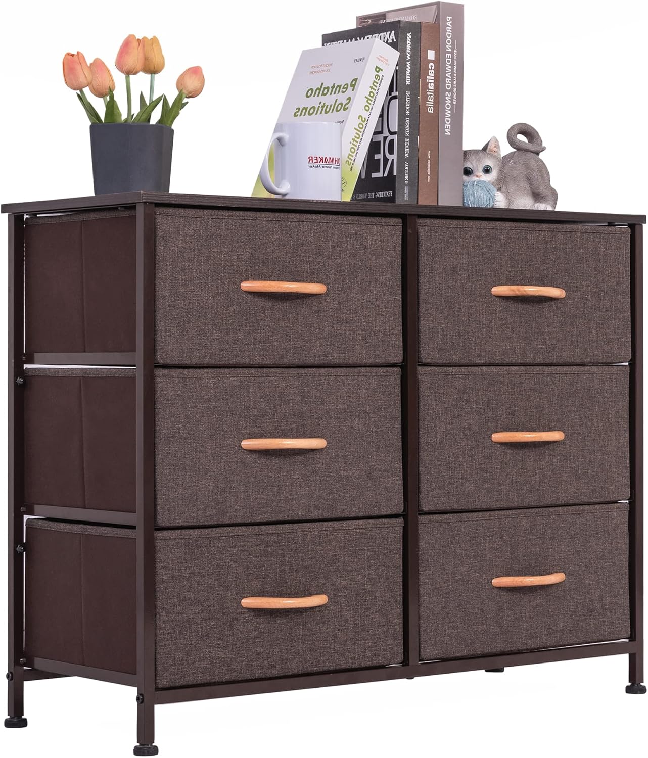 Vertical Dresser Storage Tower, Steel Frame, Wood Top, Fabric Bins, 8 Drawers, Dark Indigo M737