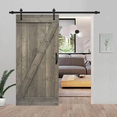 30 in. x 84 in. Weather Gray Stained Knotty Pine Wood Interior Sliding Barn Door with Hardware Kit and Handle A621
