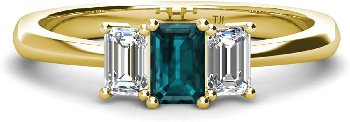 Emerald Cut 6x4 mm London Blue Topaz & Lab Grown Diamond 1 1/3 ctw 3 Stone Engagement Ring 14K Yellow Gold U96944