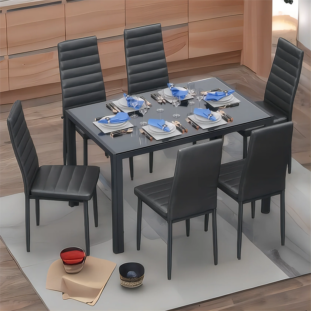 Black PU Leather Dining Table Set with 6 Chairs D115076