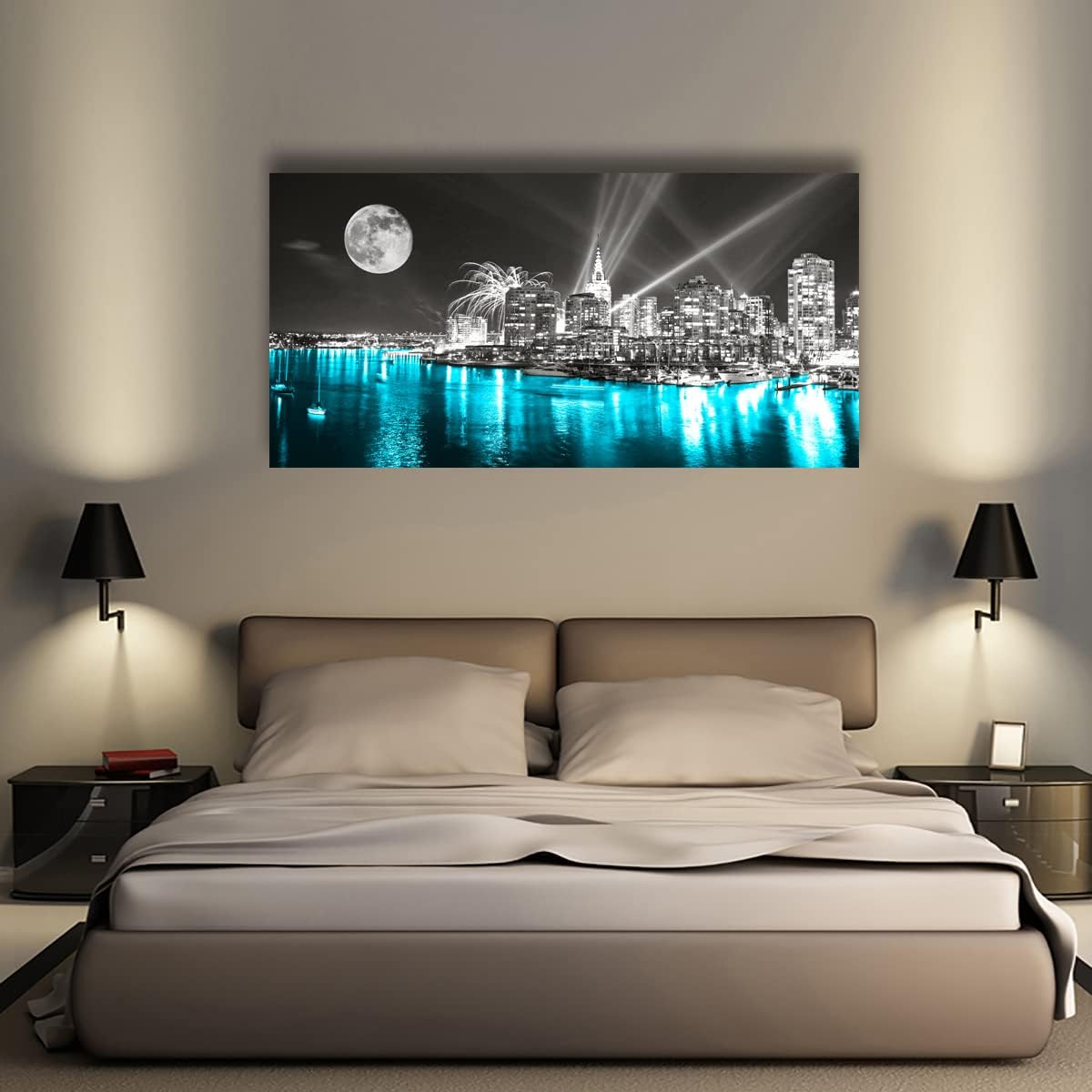 Moon Painting Wall Art Canvas Prints Cityscape Poster Lighted New York City Skyline Pictures Wooden Framed Artwork 20x40 Inches E5668