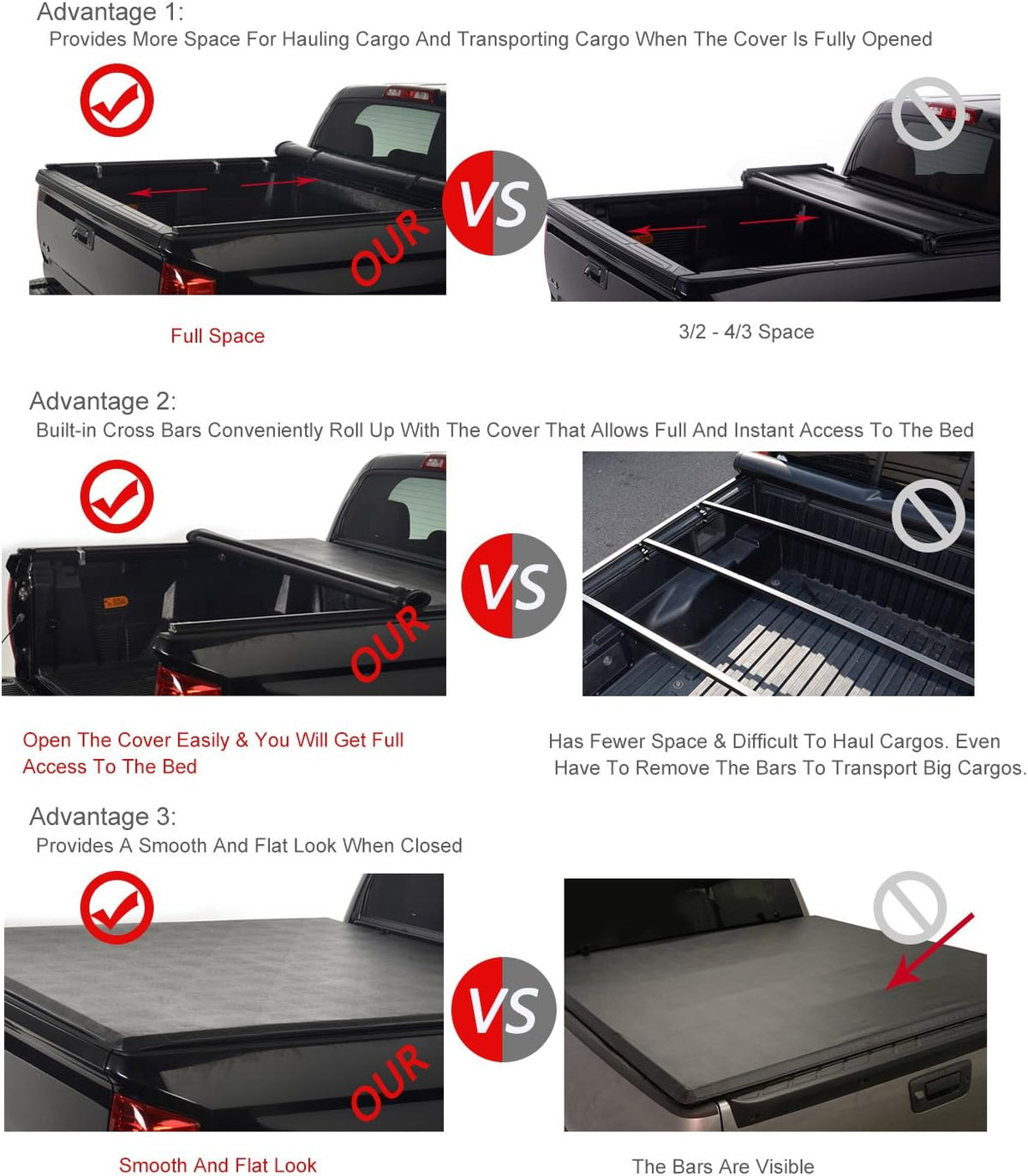 Soft Roll-Up Tonneau Cover for Chevy Silverado GMC Sierra 1500 2500HD 3500HD Fleetside Bed B957742
