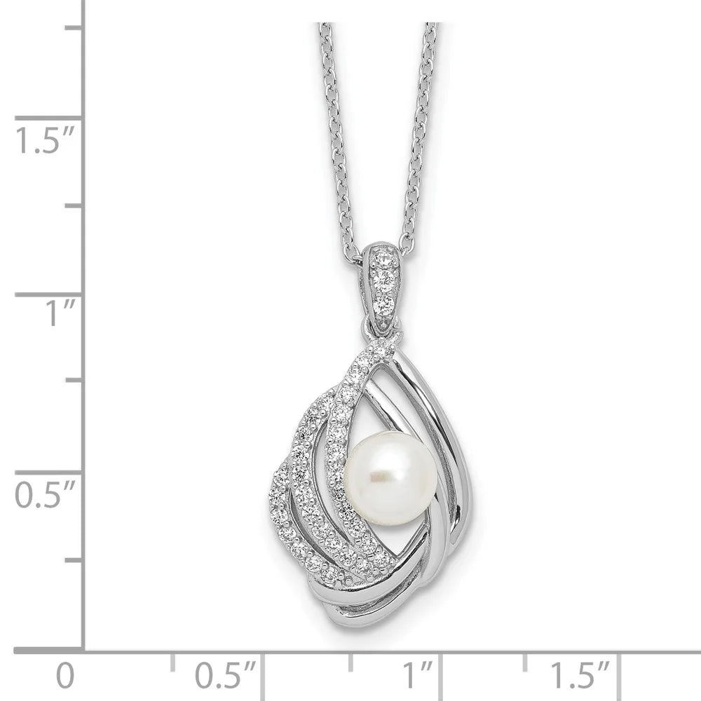 925 Sterling Silver Freshwater Cultured Pearl and CZ Teardrop Necklace 20" Q90446
