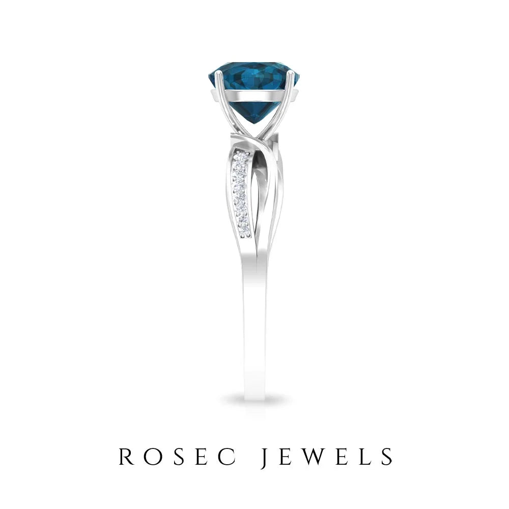 1.50 CT Cushion Cut London Blue Topaz Solitaire and Diamond Ring, 925 Sterling Silver, US 4.00 U1654
