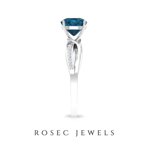 1.50 CT Cushion Cut London Blue Topaz Solitaire and Diamond Ring, 925 Sterling Silver, US 4.00 U1654