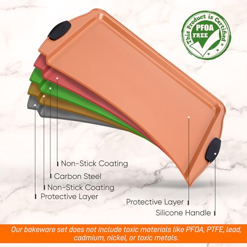 Nonstick Small Cookie Baking Sheet with Red Silicone Handles, 13.38’’ × 8.66’’ × 0.59’’ T501
