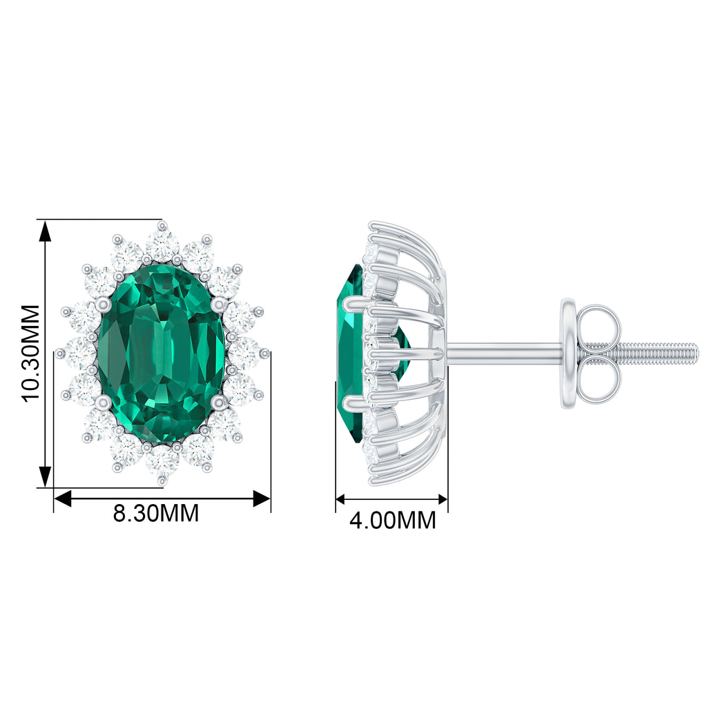 Oval Lab Grown Emerald Stud Earrings with Diamond Halo, 5X7 MM, 18K White Gold L554