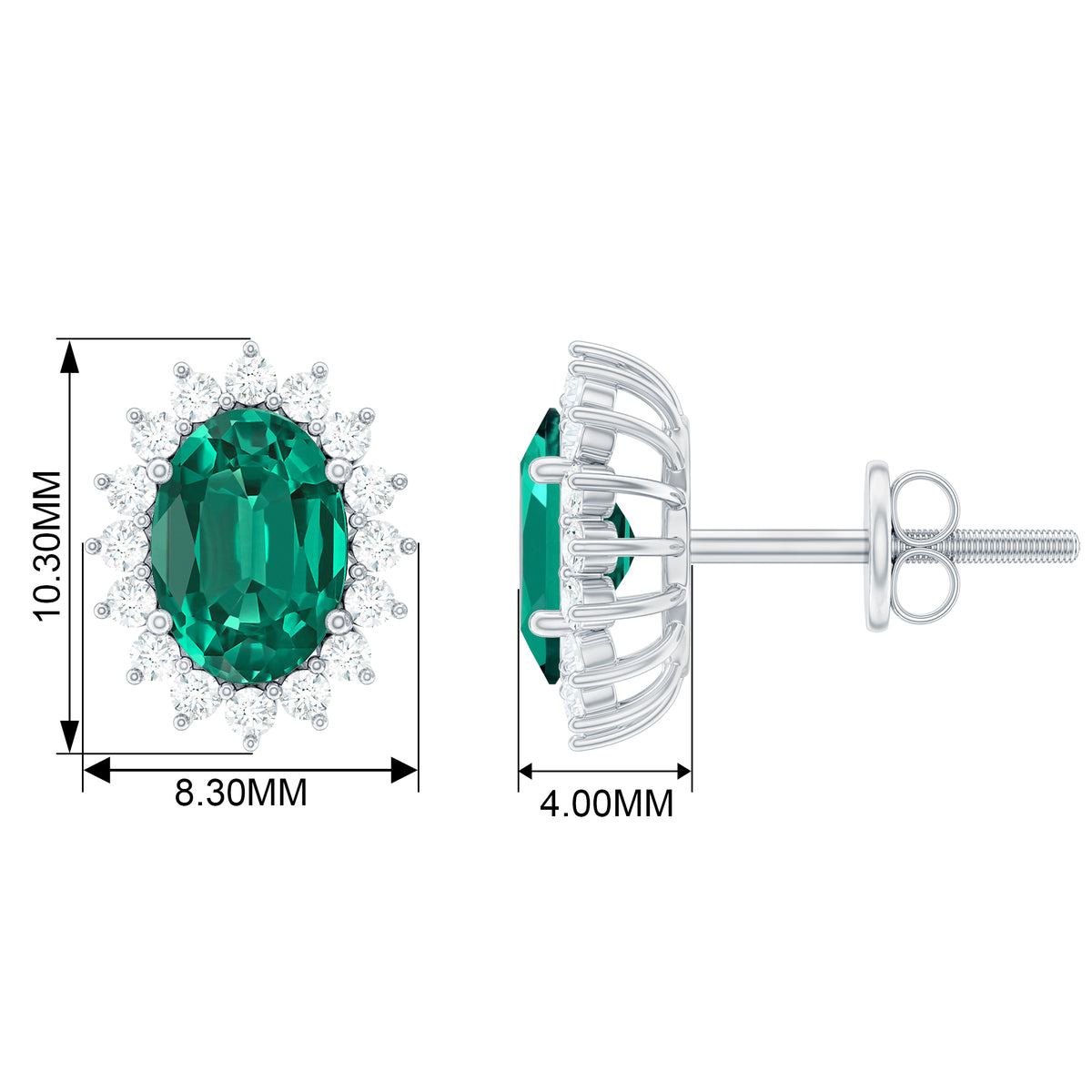 Oval Lab Grown Emerald Stud Earrings with Diamond Halo, 5X7 MM, 18K White Gold L554