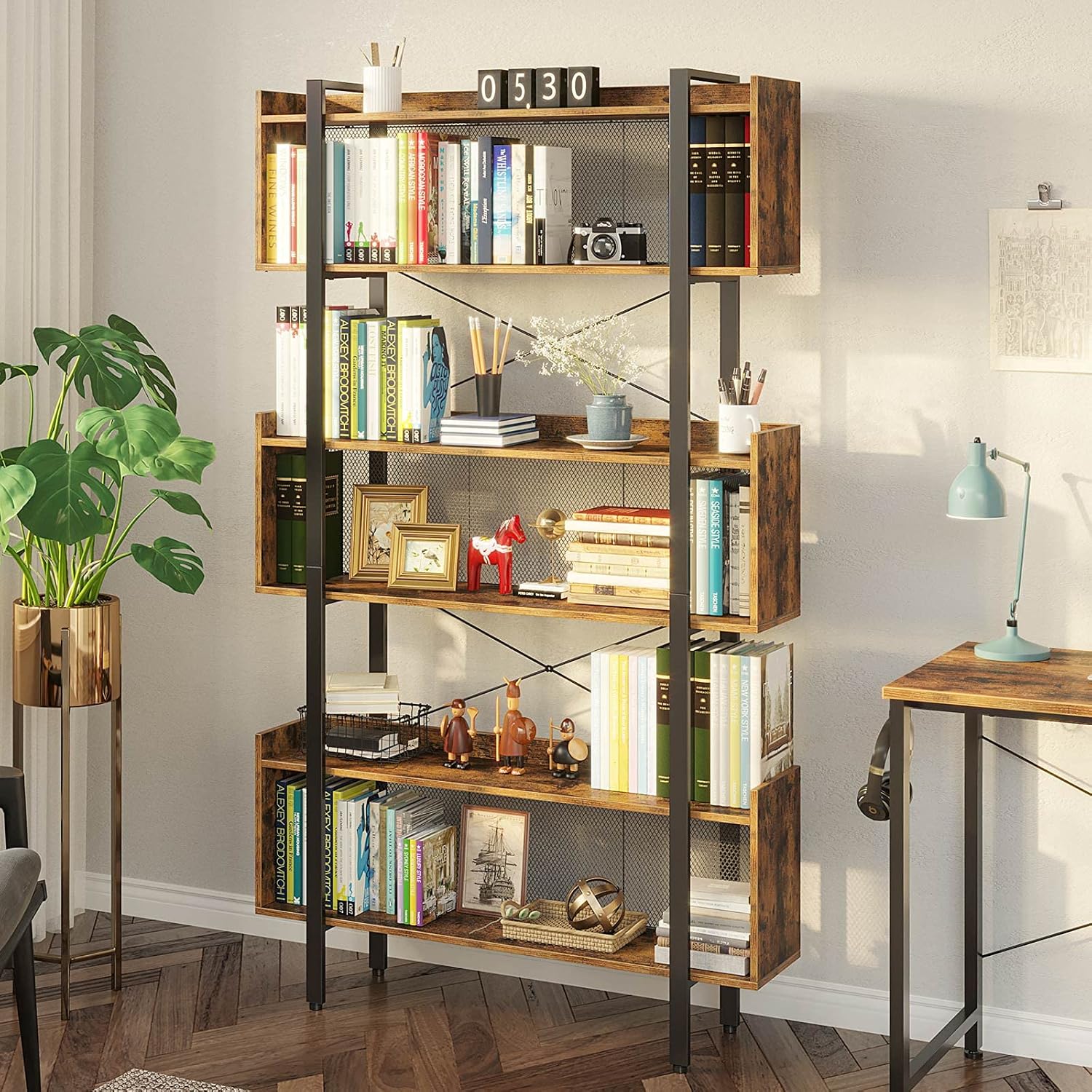 Rustic Brown 6-Tier Wooden Bookshelf with Metal Frame L699444