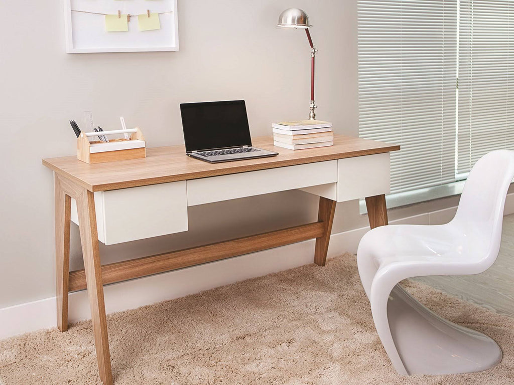 White Executive Office Desk with Light Oak Legs T8700