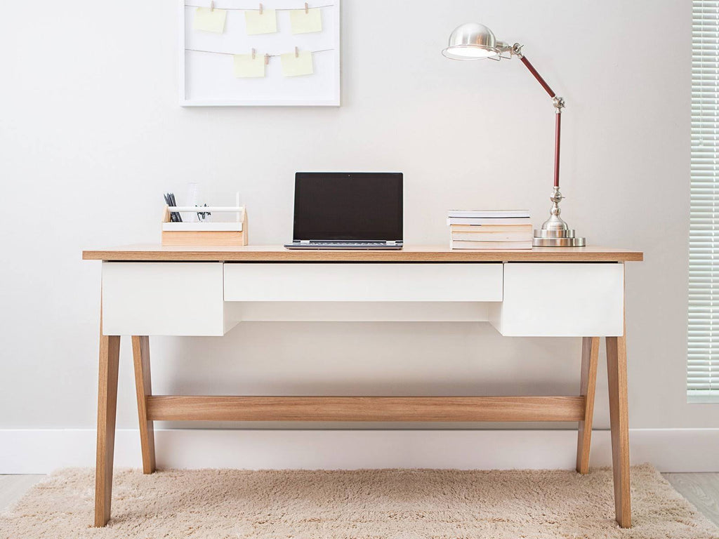 White Executive Office Desk with Light Oak Legs T8700