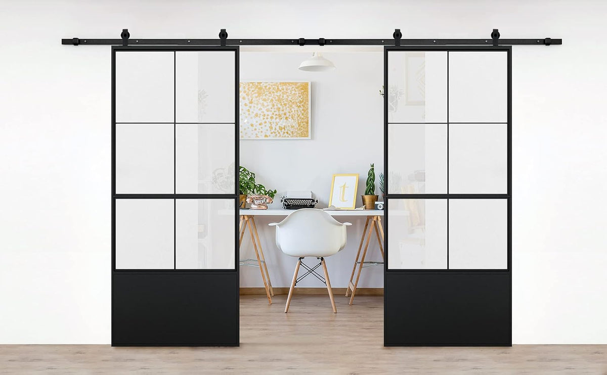 Double Barn Door 72 x 84 in with 12FT Hardware Kit and Soft Close Mechanism, Clear Tempered Glass Carbon Steel Frame L6631