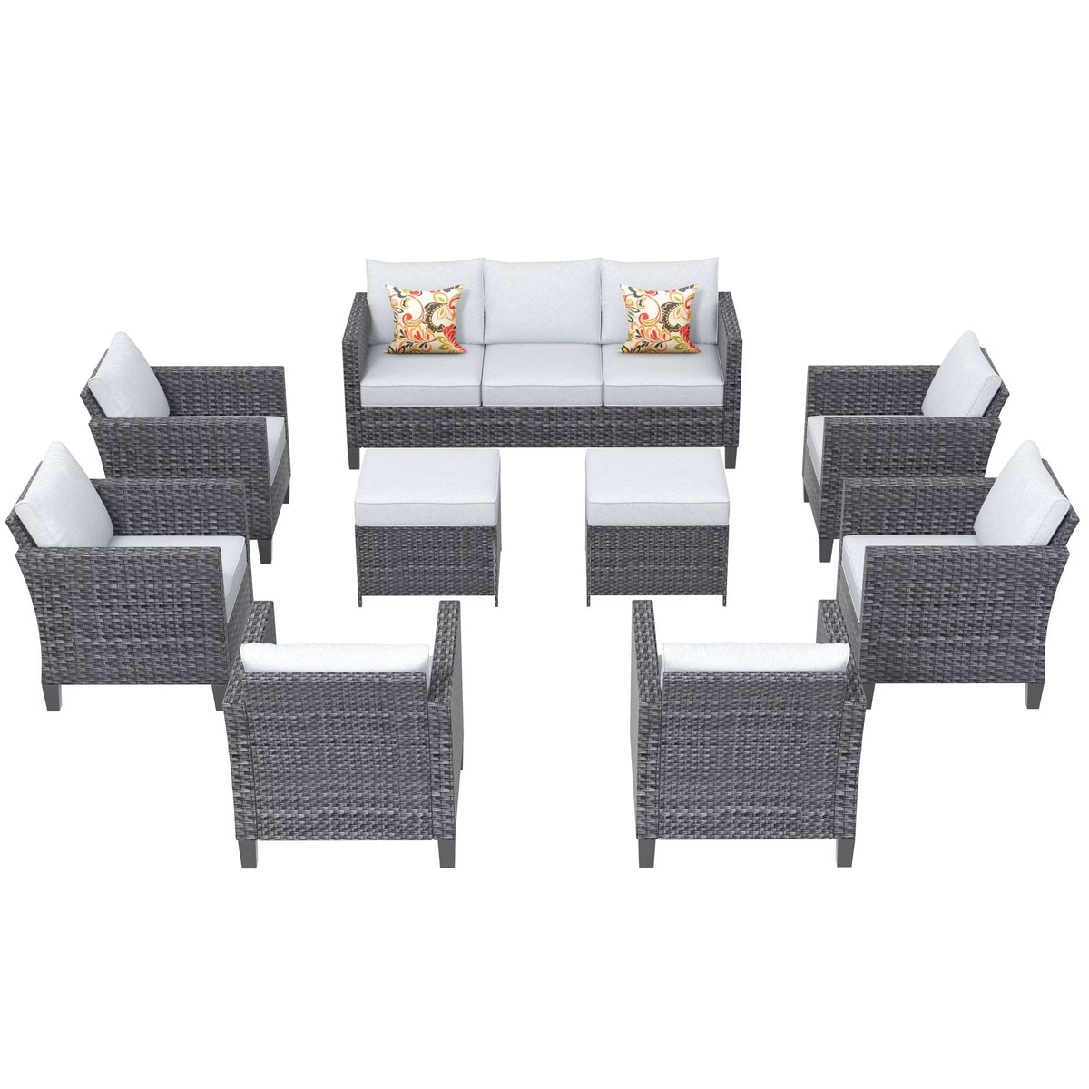 9 Piece Gray Wicker Patio Conversation Chair Set with Cushions O214740