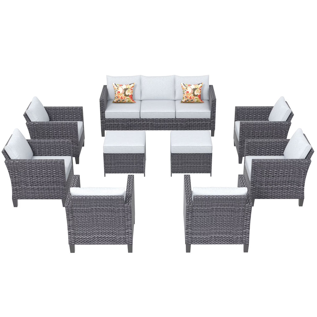 9 Piece Gray Wicker Patio Conversation Chair Set with Cushions A696