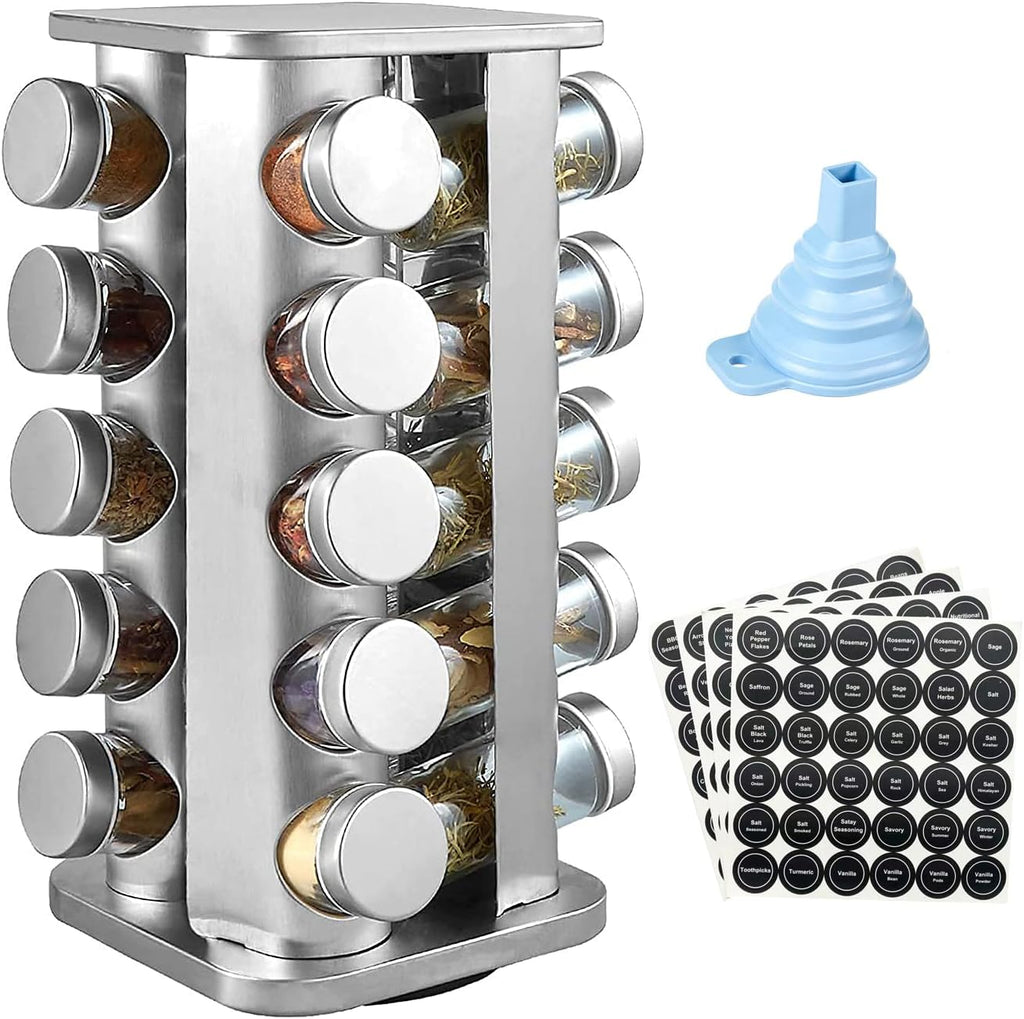 Rotating 20 Jar Spice Rack Organizer with Reusable Labels R718
