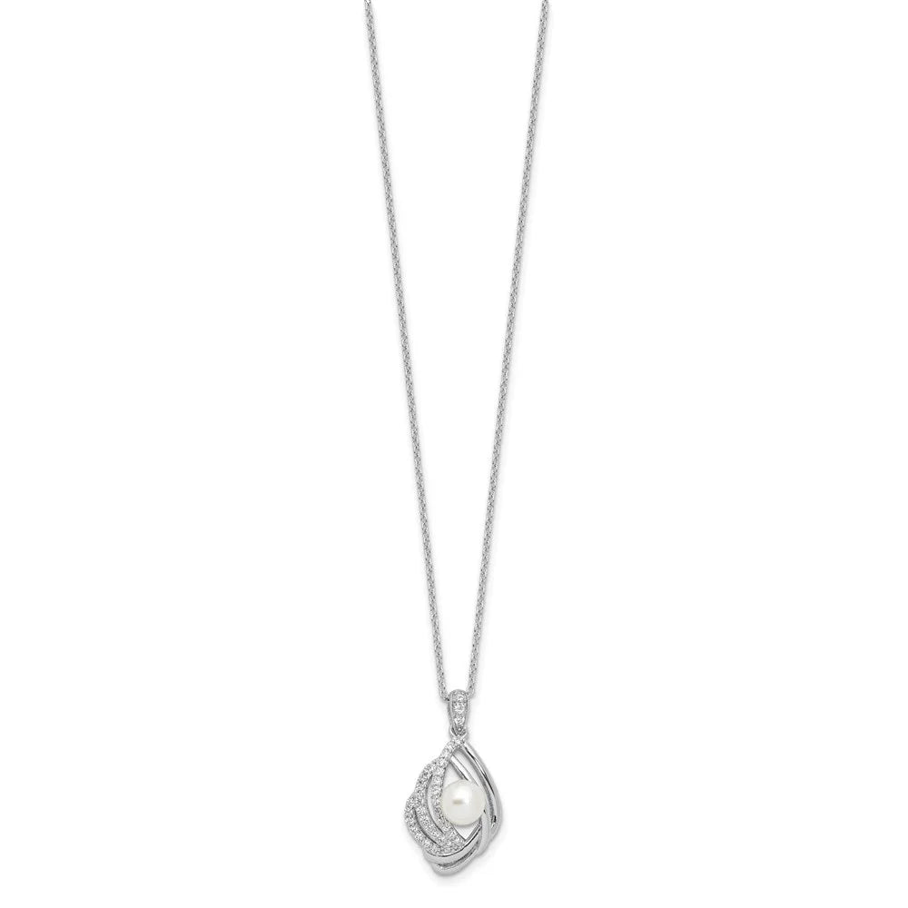 925 Sterling Silver Freshwater Cultured Pearl and CZ Teardrop Necklace 20" Q90446