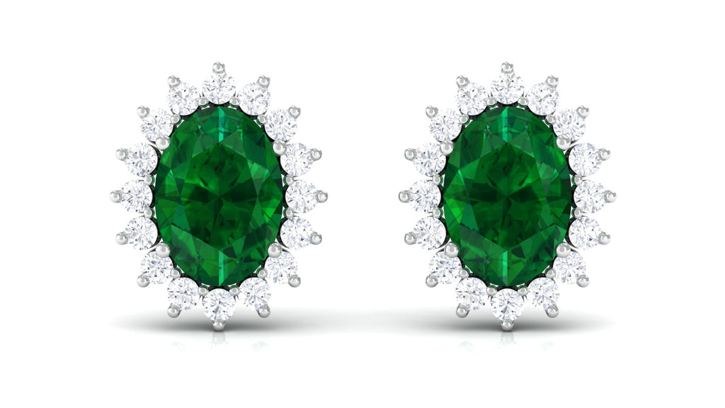 Oval Lab Grown Emerald Stud Earrings with Diamond Halo, 5X7 MM, 18K White Gold L554