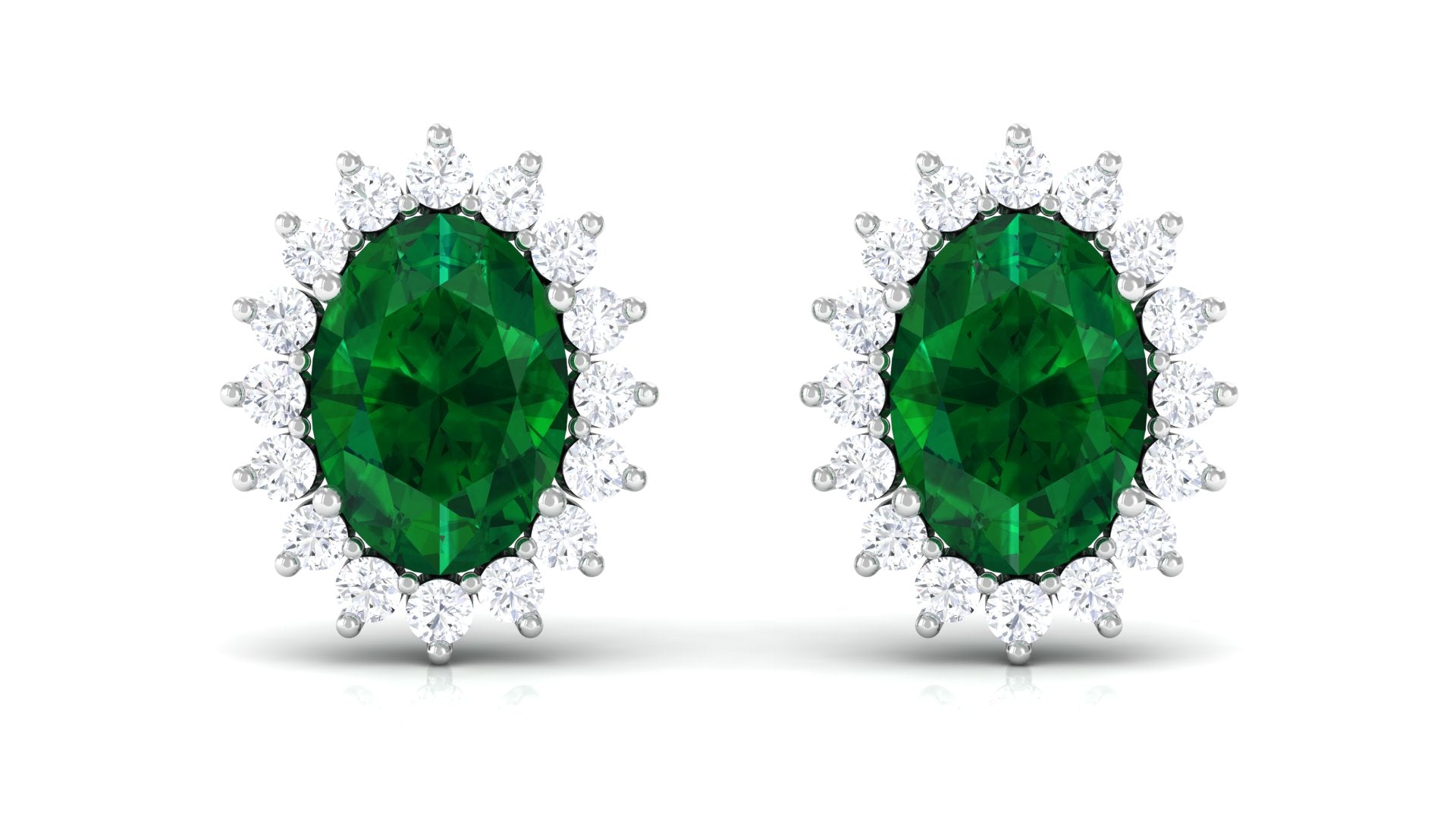 Oval Lab Grown Emerald Stud Earrings with Diamond Halo, 5X7 MM, 18K White Gold L554