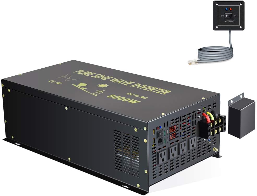 8000W Pure Sine Wave Power Inverter DC 24V to AC 120V with 4 AC Outlets Remote Control LED Display U6827