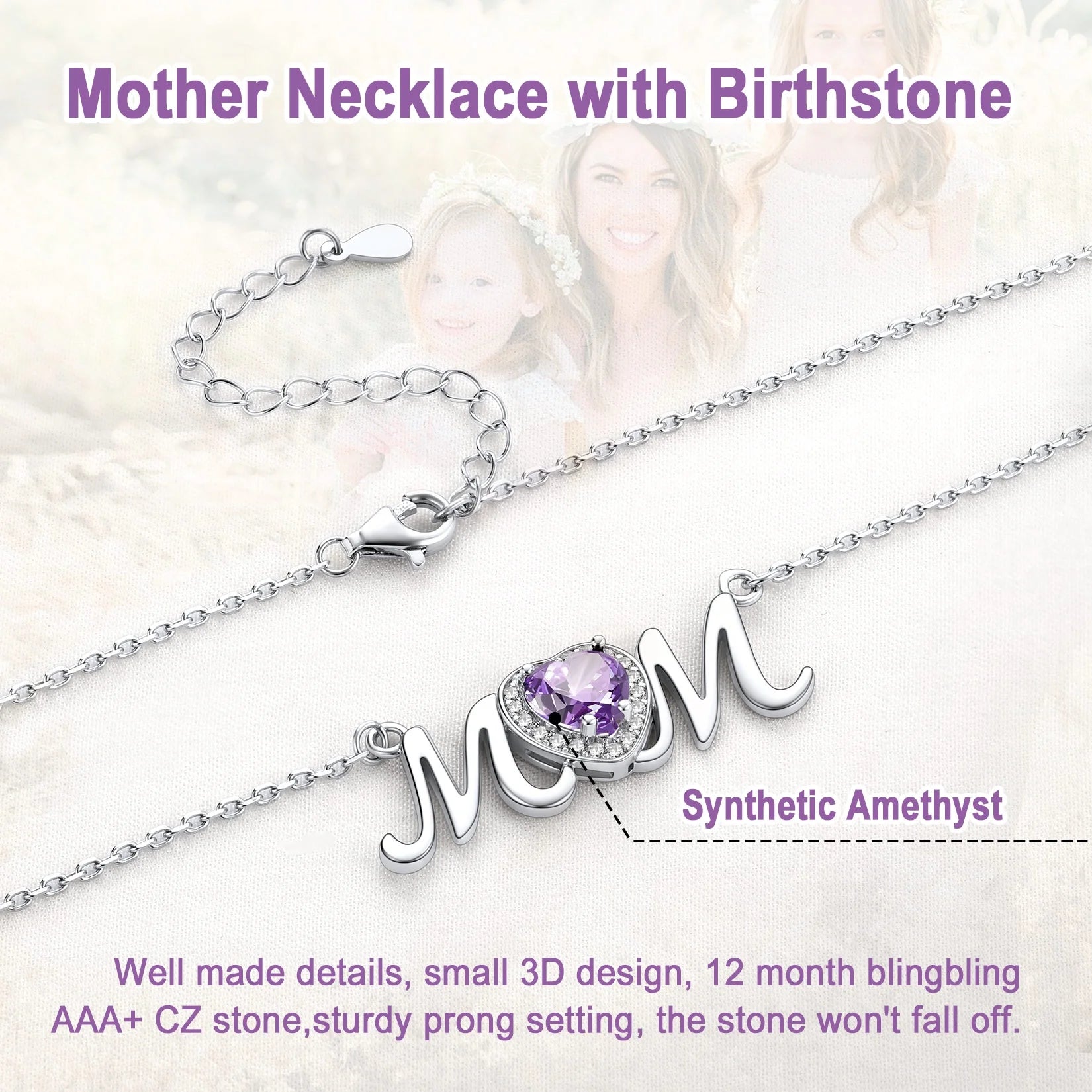 925 Sterling Silver Birthstone Heart Mom Necklace Y593988