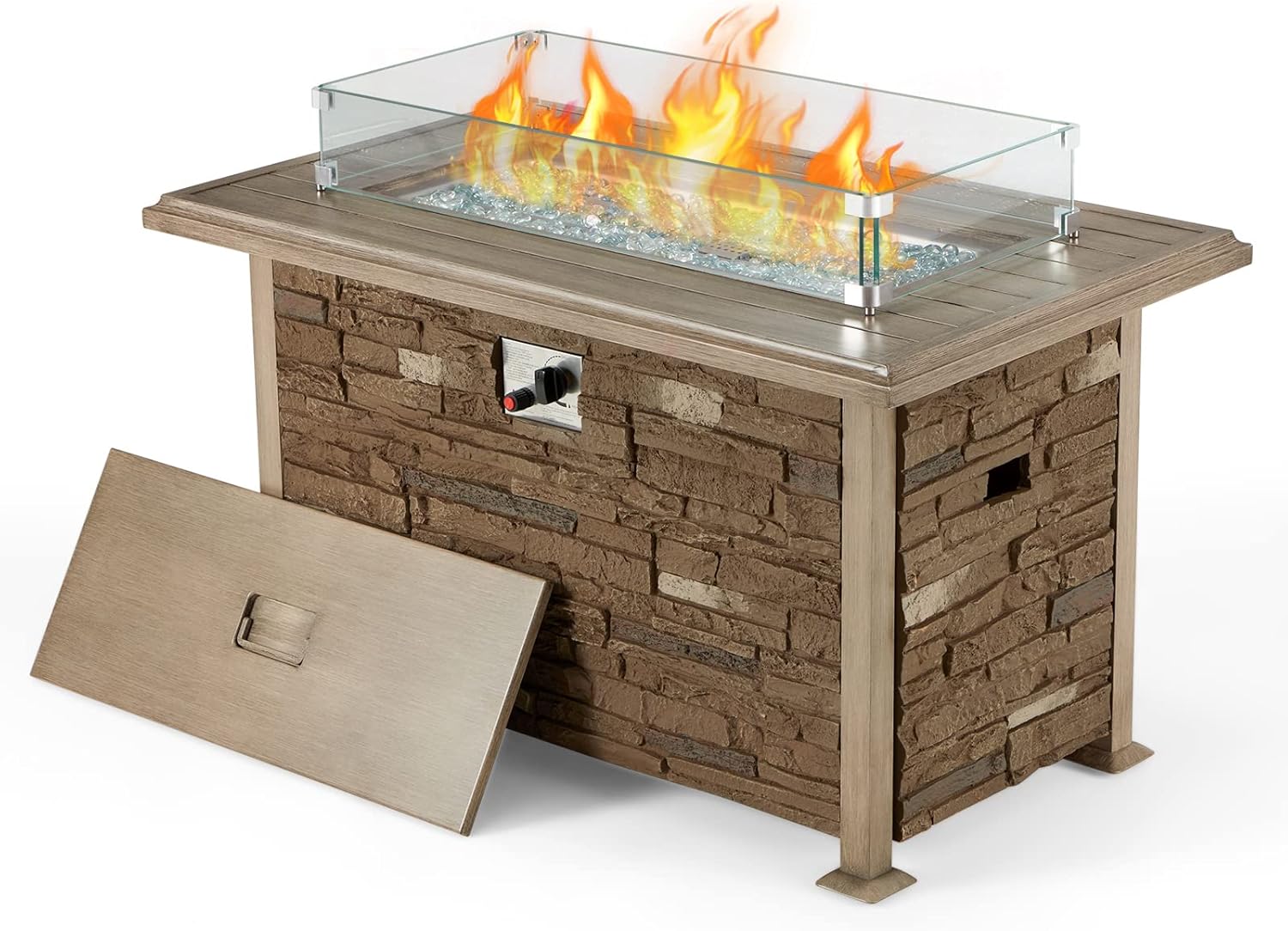 Gray Aluminum Propane Fire Pit Table with Faux Ledgestone J730533