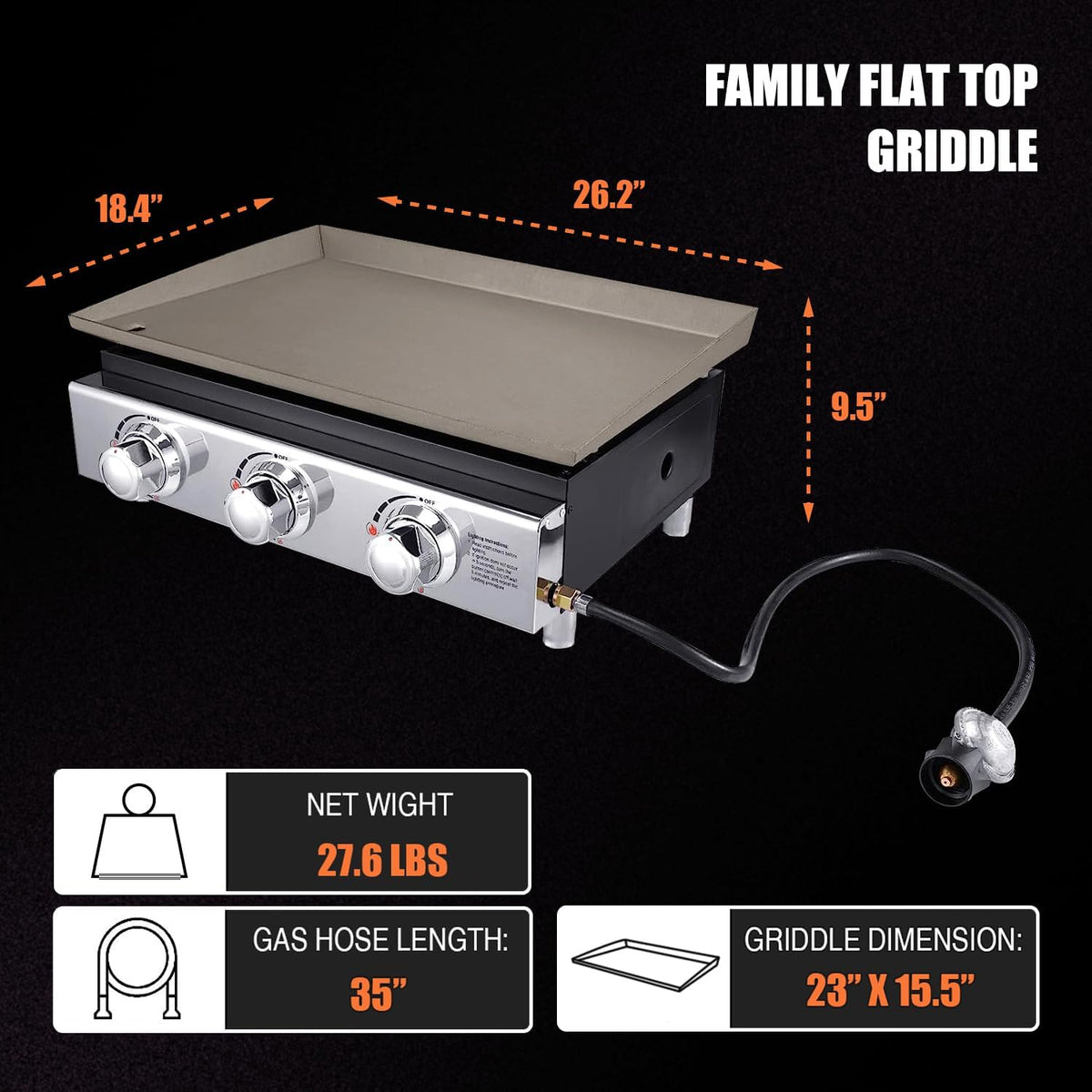 23in 3-Burner Propane Gas Griddle, 355 sq in, 25,500 BTU Z892