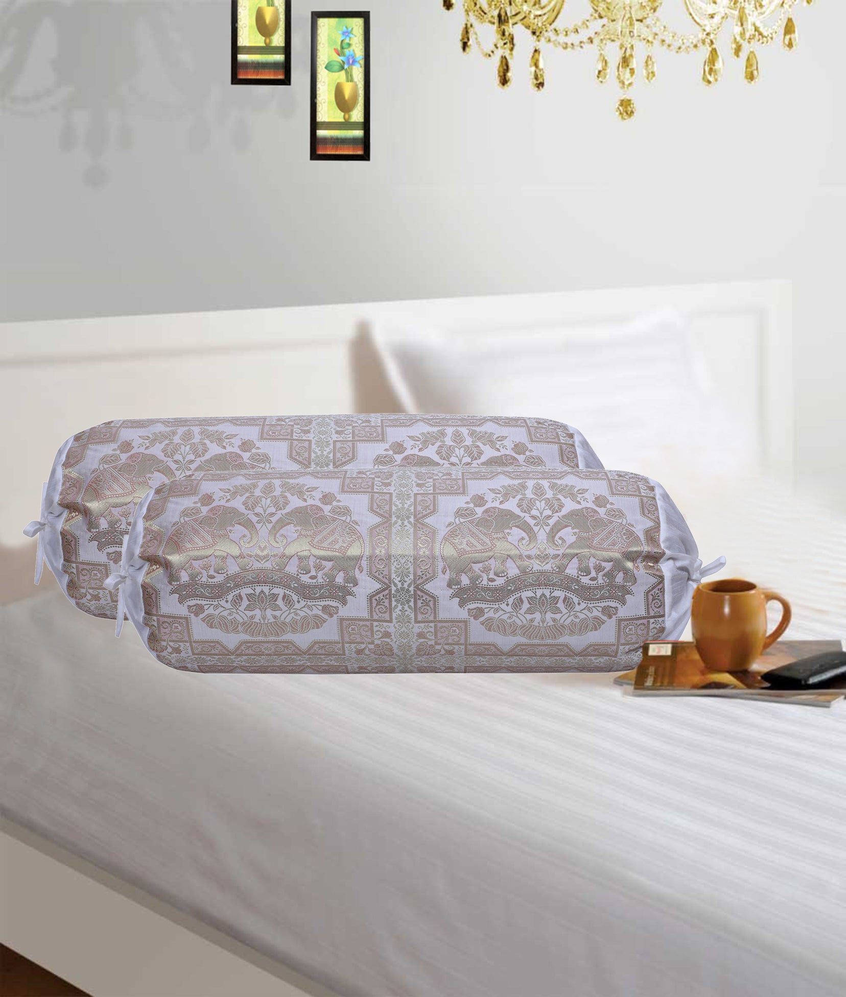 White Gold Elephant Jacquard Weave Round Tube Bolster Pillow Covers Set of 2 Pcs Y501