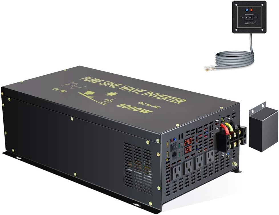 8000W Pure Sine Wave Power Inverter DC 24V to AC 120V with 4 AC Outlets Remote Control LED Display U6827
