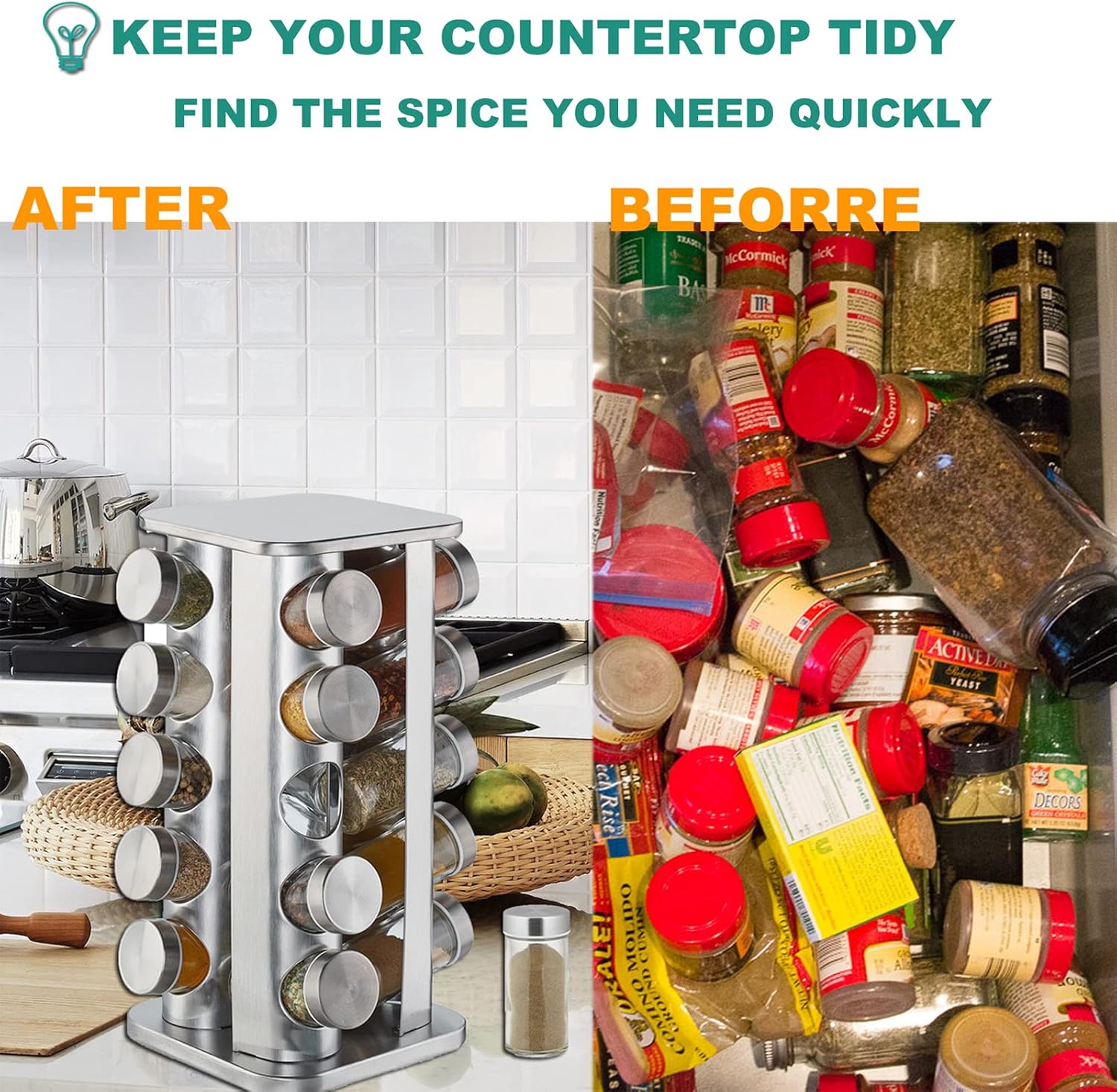 Rotating 20 Jar Spice Rack Organizer with Reusable Labels R718