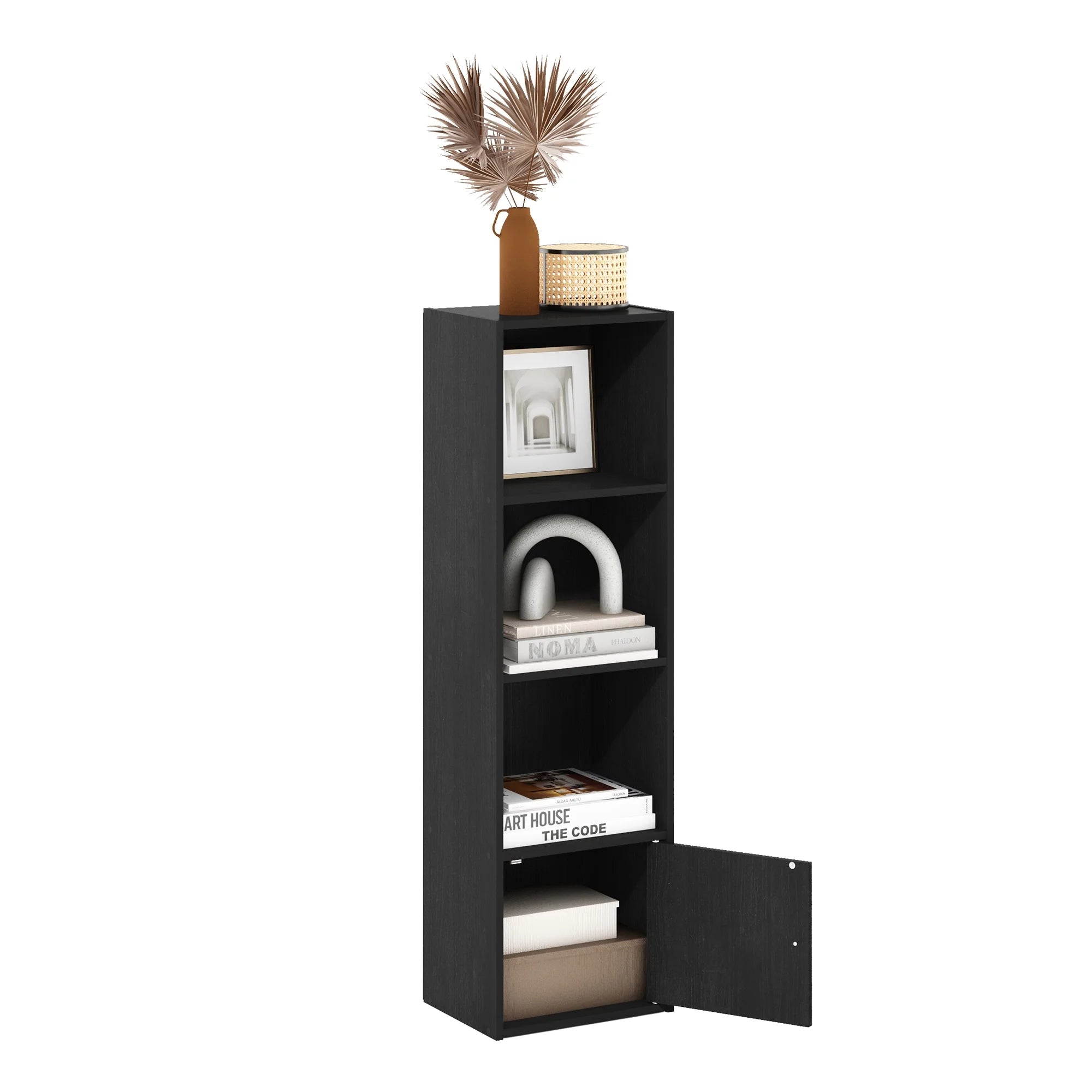4-Tier Shelf Bookcase with 1 Door Storage Cabinet, Blackwood R4926