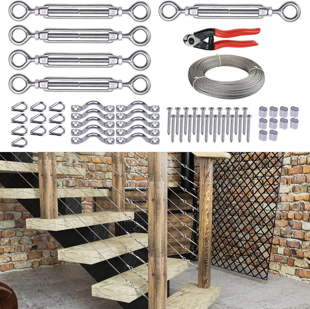 5Set 1/8 Cable Railing Kit Hardware Turnbuckle M5 Eye to Eye and 165' Wire Rope for Wood Post Stainless Steel Angle Adjustable 5 Cable Lines E234964