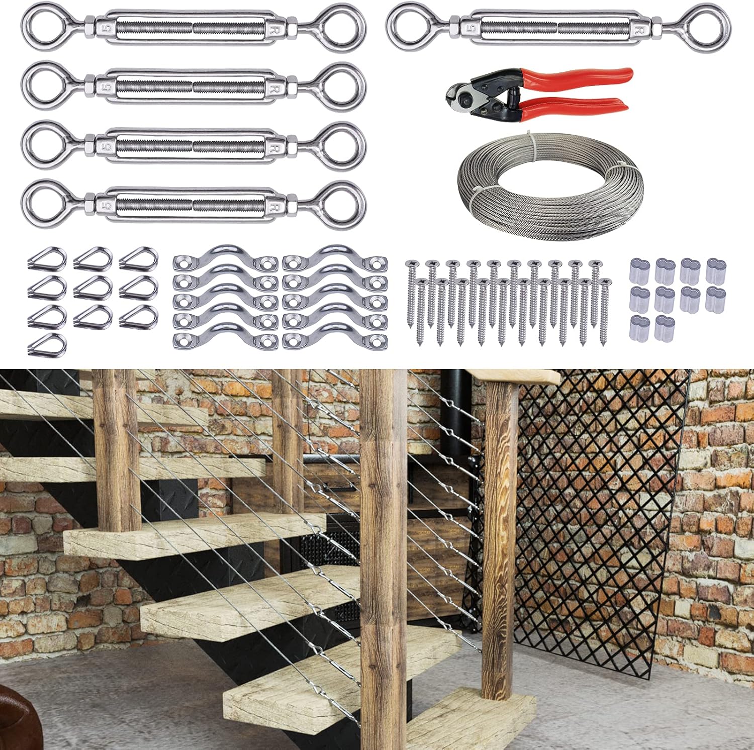 5Set 1/8 Cable Railing Kit Hardware Turnbuckle M5 Eye to Eye and 165' Wire Rope for Wood Post Stainless Steel Angle Adjustable 5 Cable Lines E234964