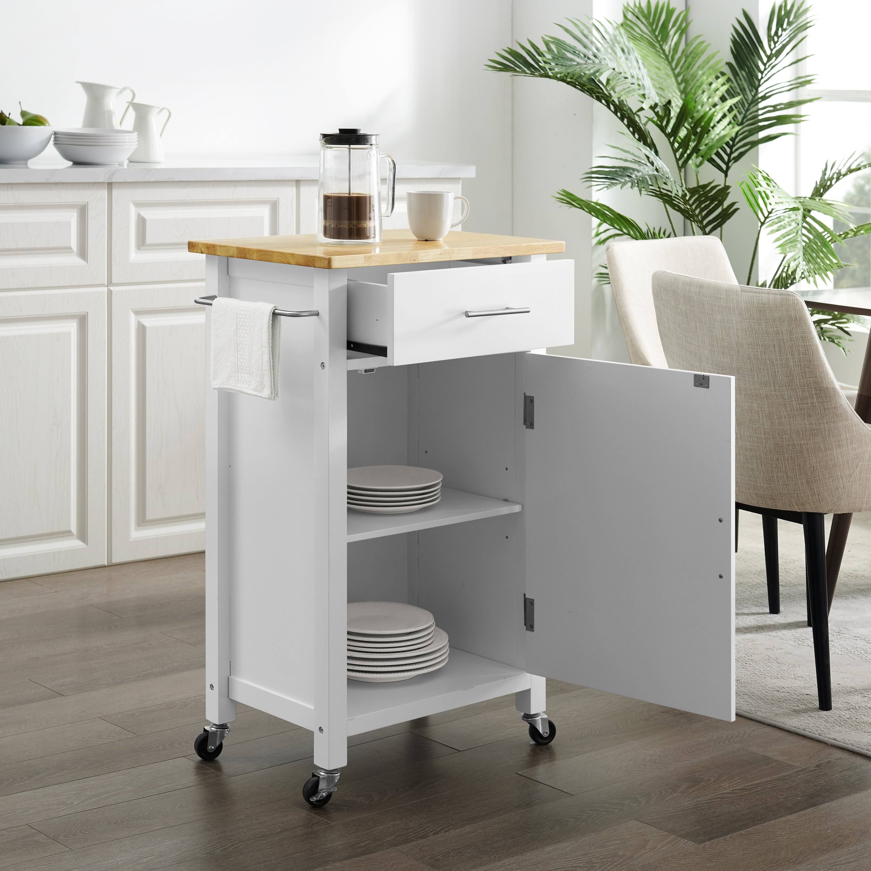 White Wood Top Compact Kitchen Island Cart L8790