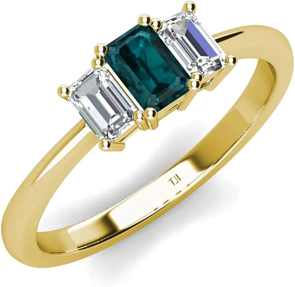 Emerald Cut 6x4 mm London Blue Topaz & Lab Grown Diamond 1 1/3 ctw 3 Stone Engagement Ring 14K Yellow Gold U96944