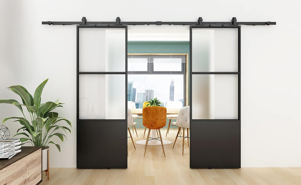 Double Barn Door 72 x 84 in with 12FT Hardware Kit and Soft Close Mechanism, Clear Tempered Glass Carbon Steel Frame L6631