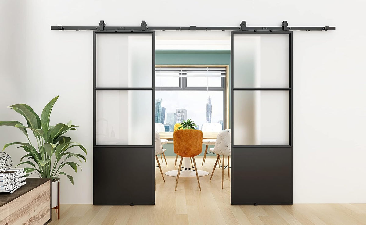 Double Barn Door 72 x 84 in with 12FT Hardware Kit and Soft Close Mechanism, Clear Tempered Glass Carbon Steel Frame L6631