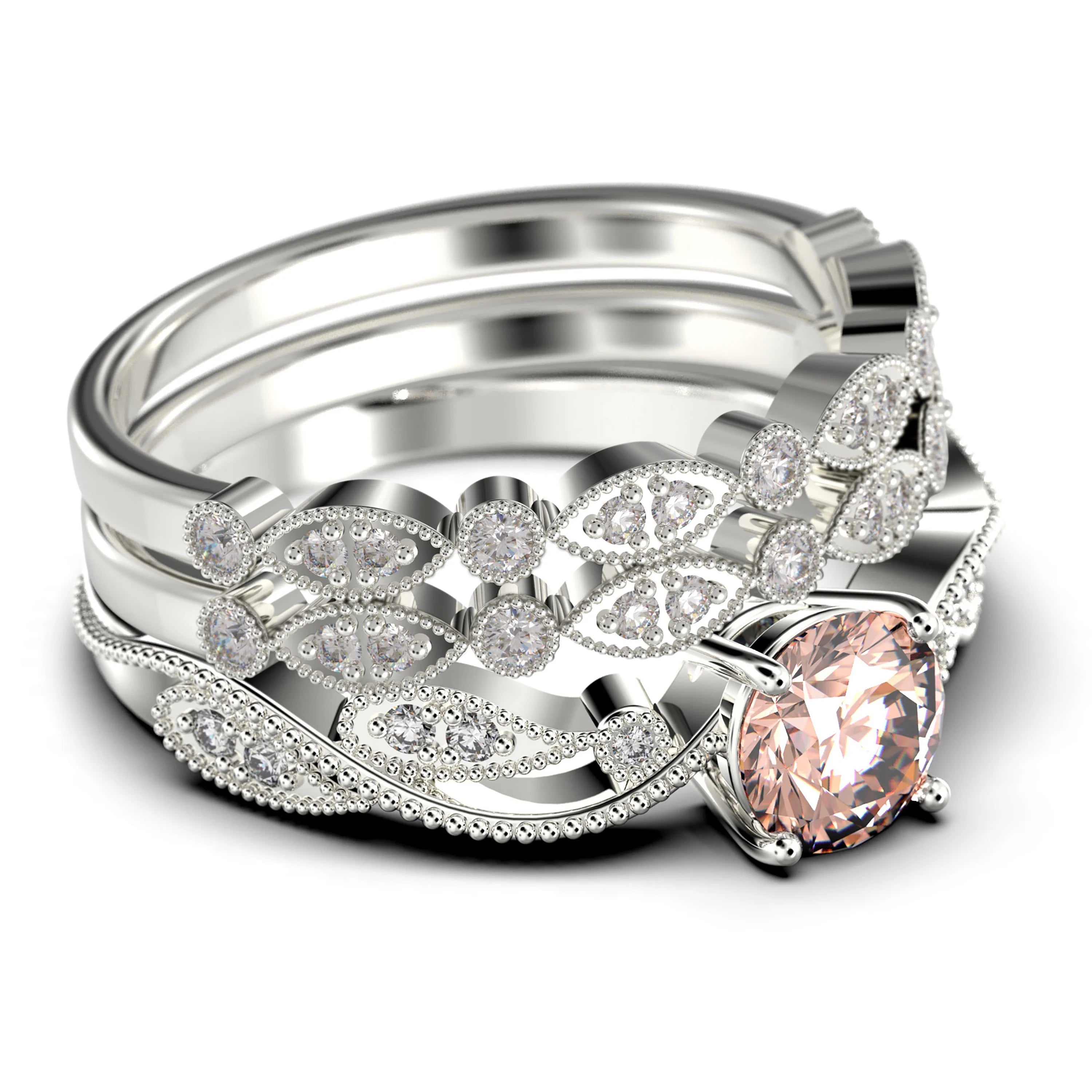 2.25 Carat Round Cut Morganite And Diamond Moissanite Engagement Ring in 925 Sterling Silver With 18k White Gold Plating G4593