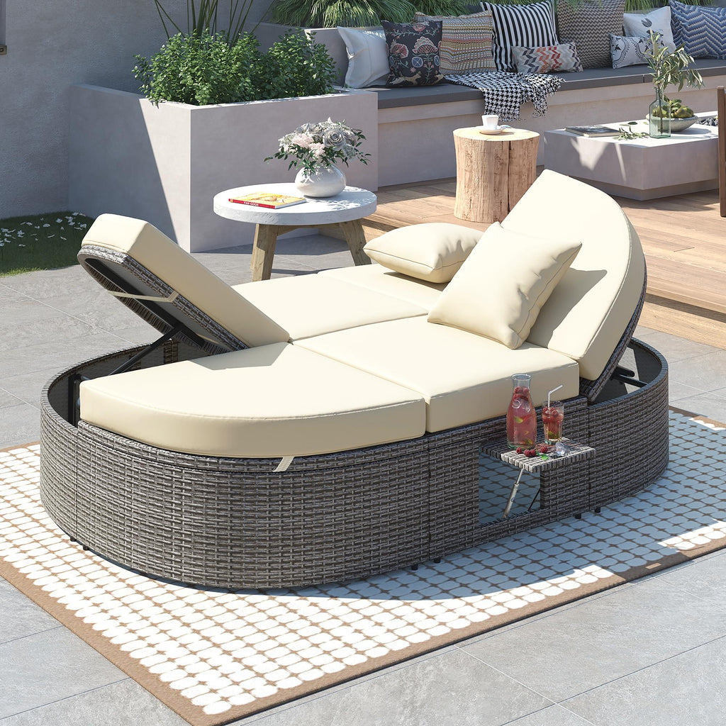 Beige Wicker Double Chaise Lounge with Adjustable Sofa and Foldable Cup Trays M47999