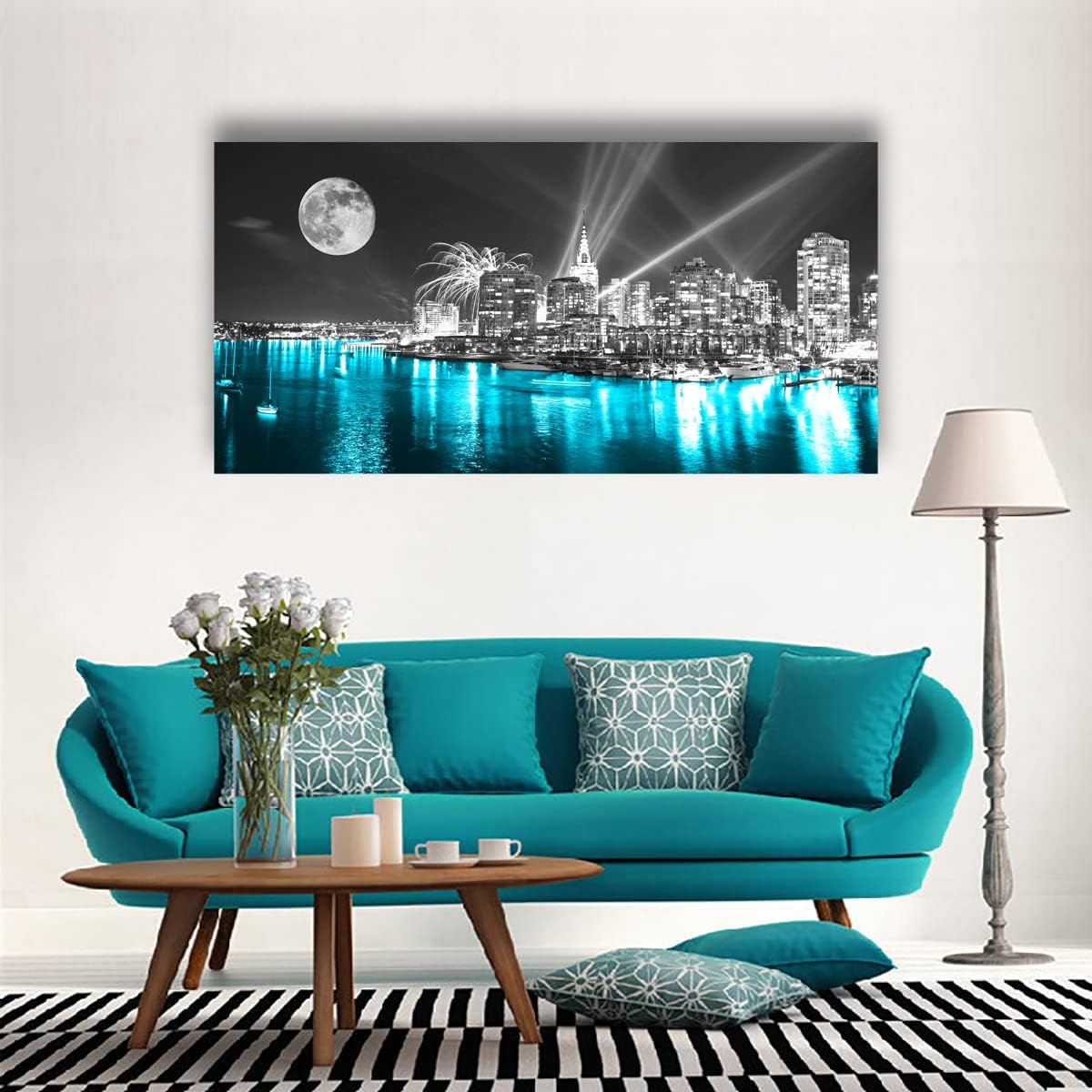 Moon Painting Wall Art Canvas Prints Cityscape Poster Lighted New York City Skyline Pictures Wooden Framed Artwork 20x40 Inches E5668