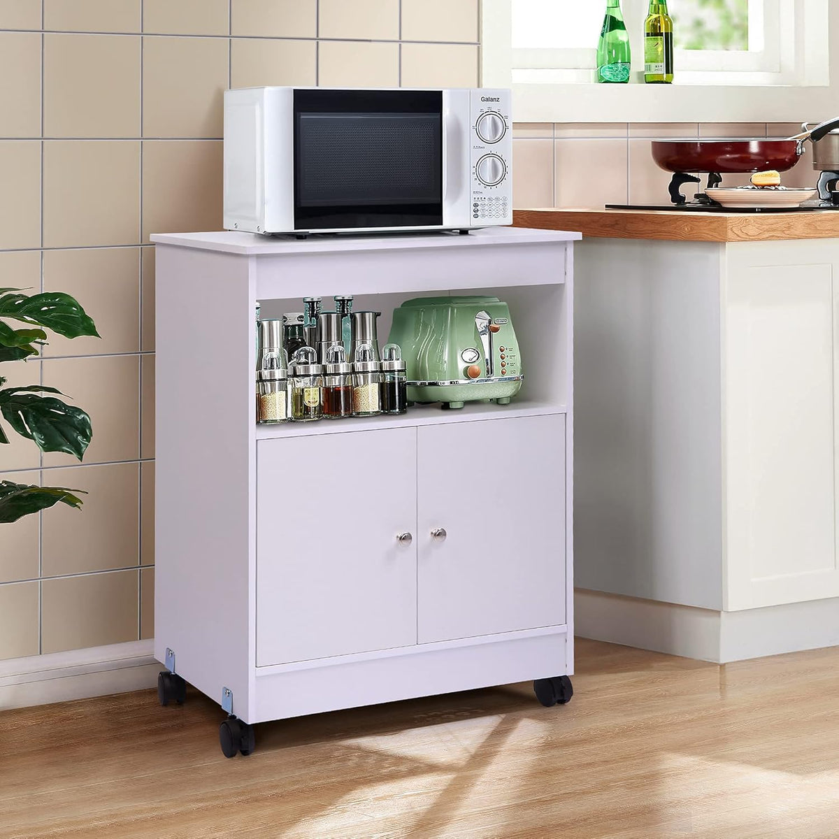 White Microwave Cabinet Cart with Storage R9753